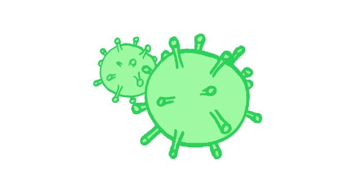 An illustration of two virus cells. They are green and round, with spikes on them.