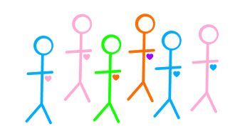 An illustration of six stick people drawn in different colours. Each stick figure has a heart drawn under its right arm. Each heart is drawn in a different colour.